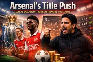 Arsenal players and manager celebrating during the Premier League title push tactical analysis season