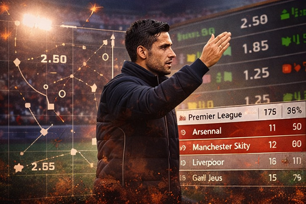 Arsenal manager analysing match strategy with football betting odds board in the Premier League stadium